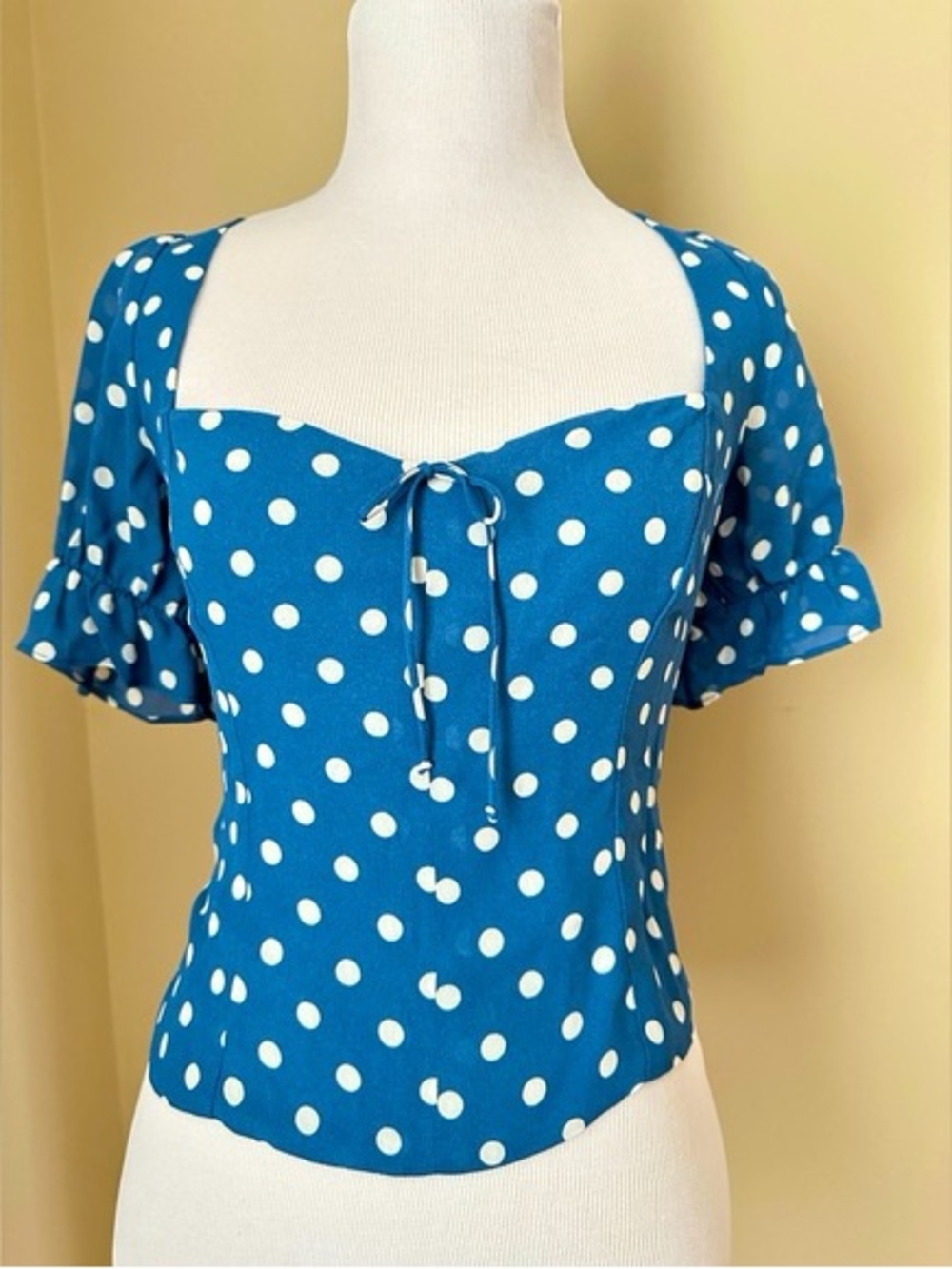 Reformation Delevan Top Blue Polka Dot Short Sleeve Blouse in Lazuli Blue
